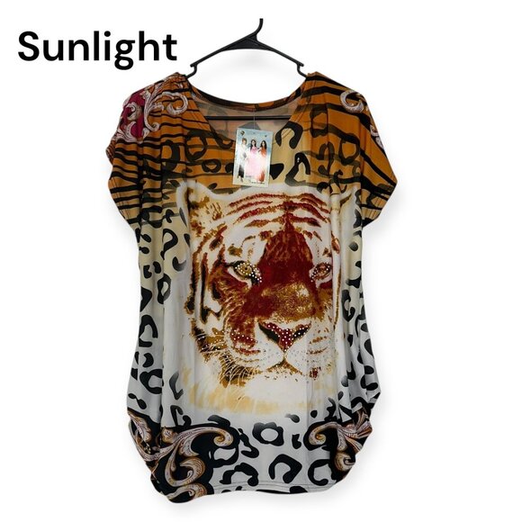 Womens Tiger Print T-Shirt Top SZ M  Stretch Polyester Fashion Mode Rhinestone - Picture 1 of 7